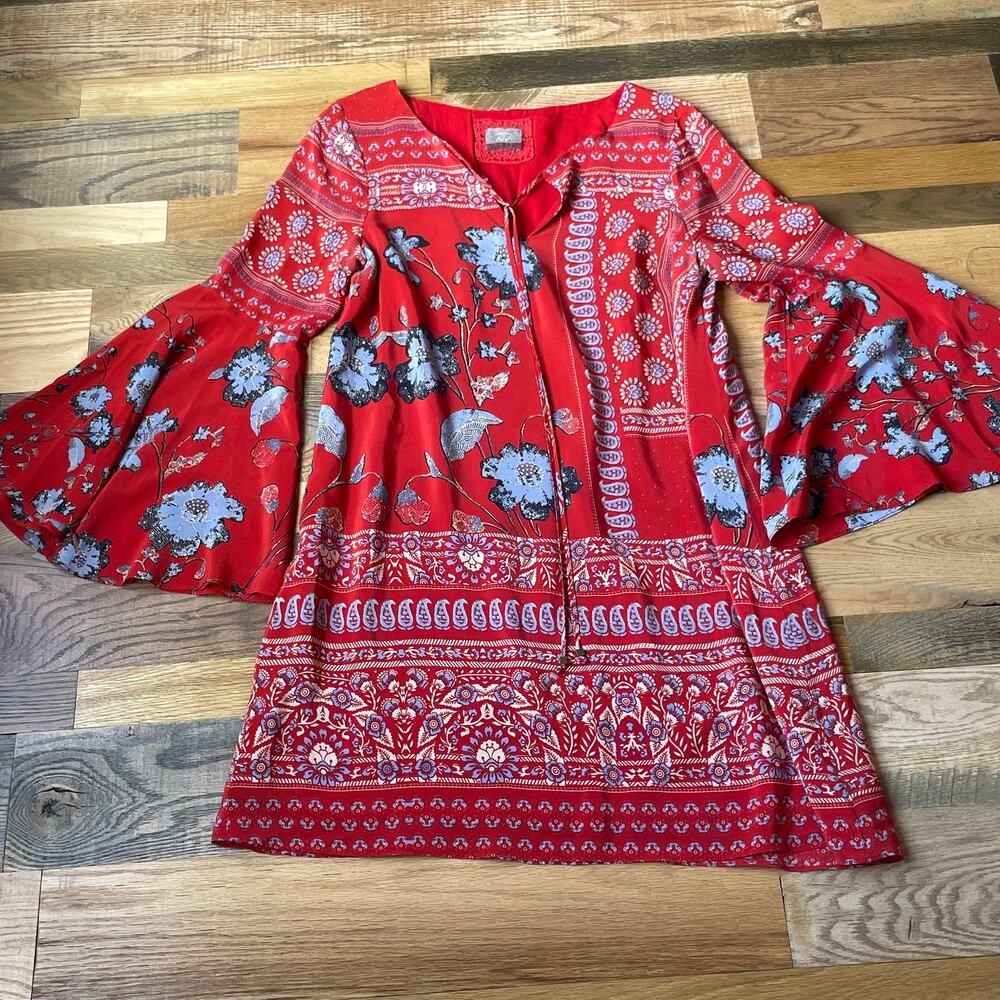 Vanessa Virginia Belled Silk Peasant Dress Size 10 Red Floral Boho Tunic Dress